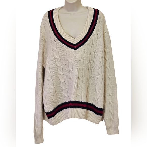 Brandy Melville Sweaters - Brandy Melville NIKKI Cream/Red/Navy Cable Knit Oversized Wool Sweater,One Size